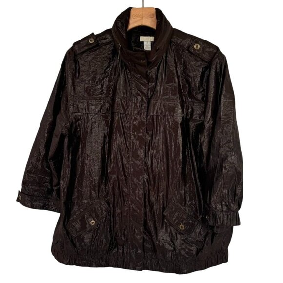 Chicos 3 Womens Size XL Brown iridescent rain Jacket Pockets hidden hood - Picture 1 of 13